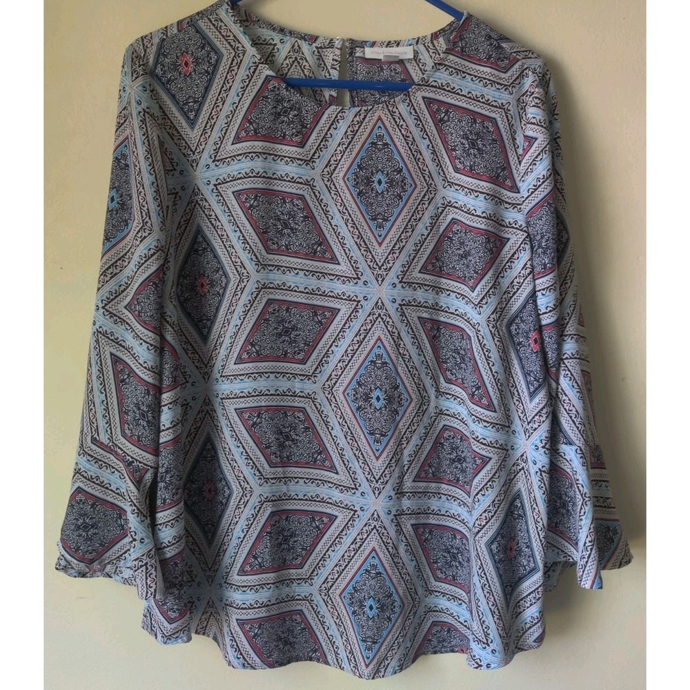 Charter Club Women's L Navy Blue White Multi Pullover Bell‎ Sleeve 100% Poly Top